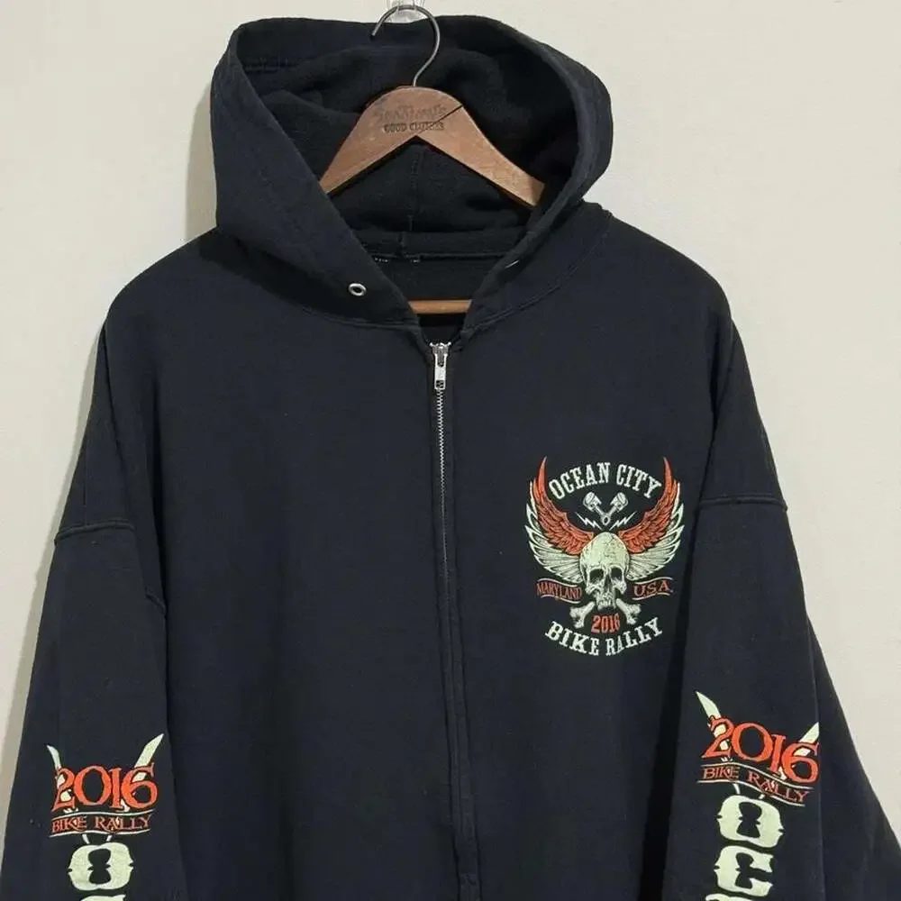 Vintage 2016 Ocean City Bike Rally Graphic Full Zip Hoodie XXL